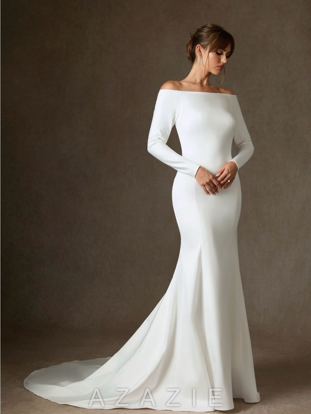 Azazie Off-Shoulder Long Sleeve White Wedding Gown